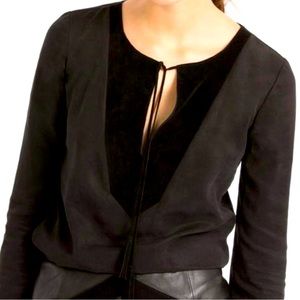 Maje Black Cupro Long Sleeve Suede Yoke Tassel Accents V-neck Blouse Top Sz M